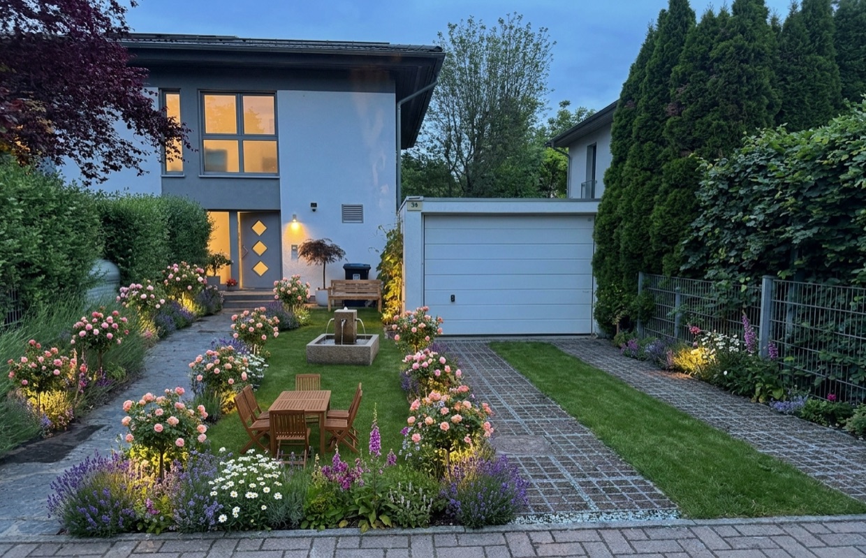 A photorealistic garden at golden hour